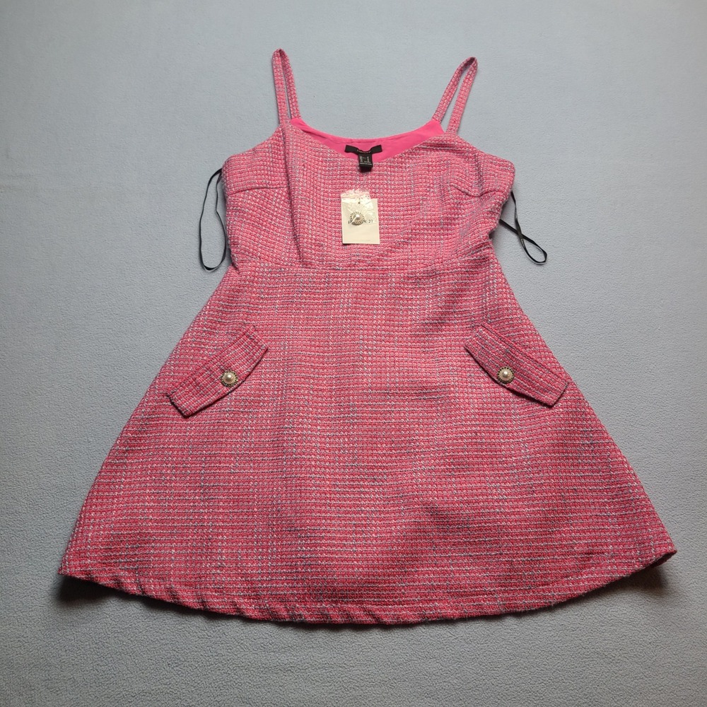 Forever 21 Tweed Mini Dress Women Medium‎ Pink NEW Pearl Button Fit Flare Pocket